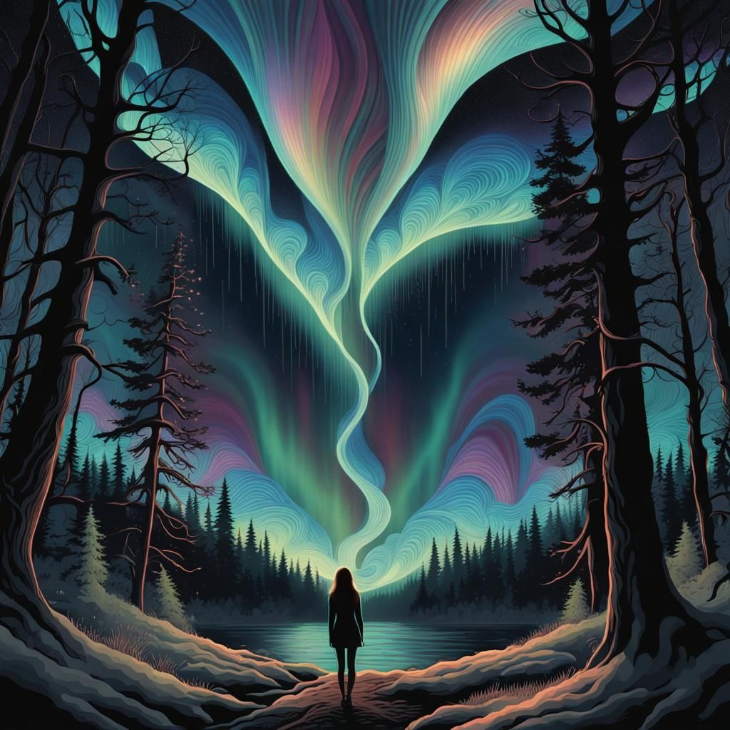 Bioluminescent Aurora Borealis over Scandinavian Forest