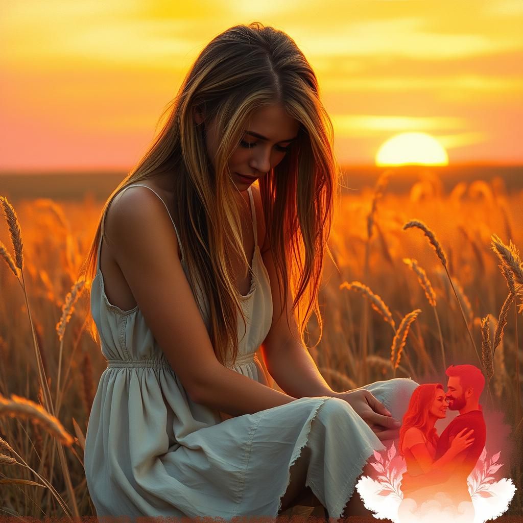 Woman Crying in Sunset Field as Oil Painting