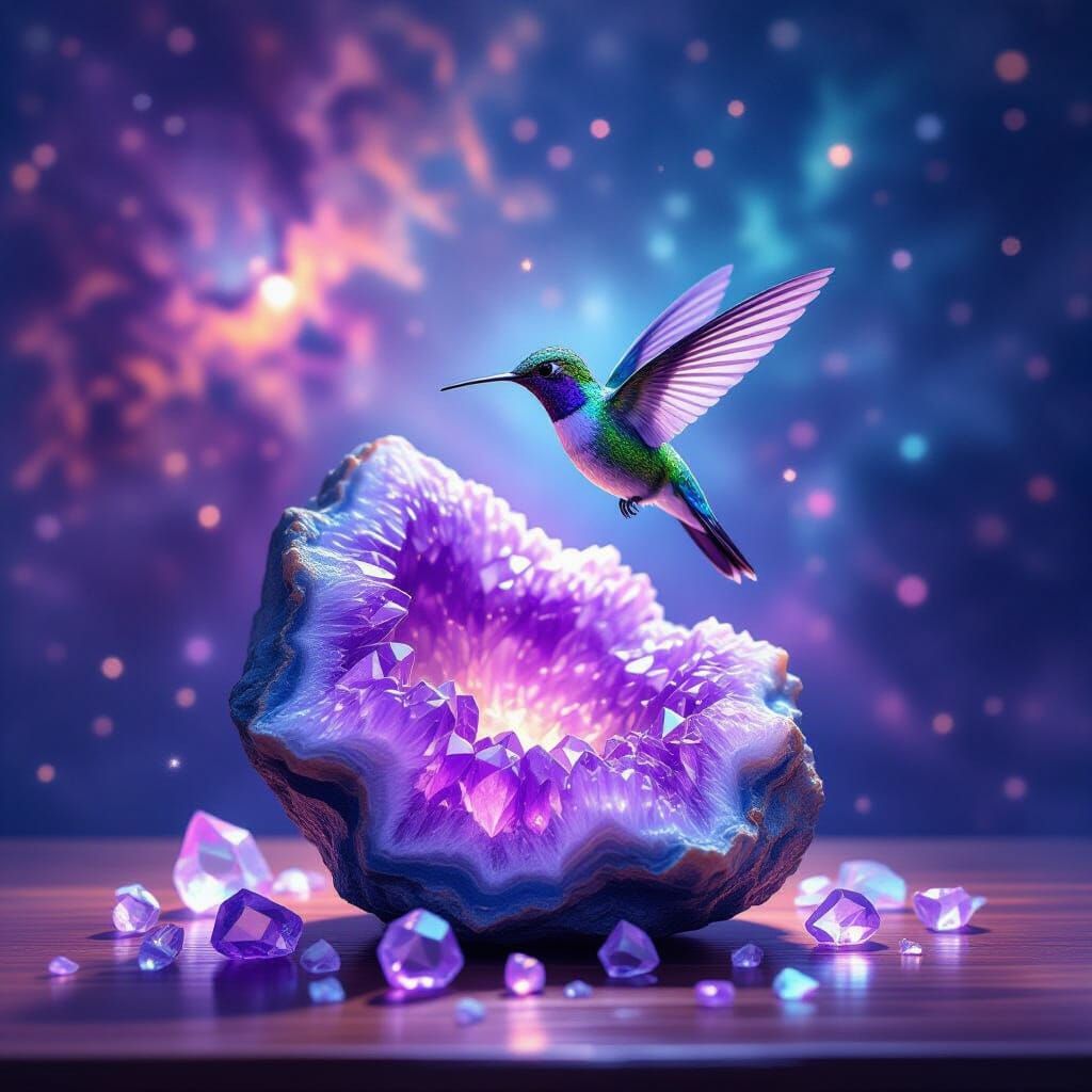 Hummingbird Hovering Over Glowing Amethyst Geode