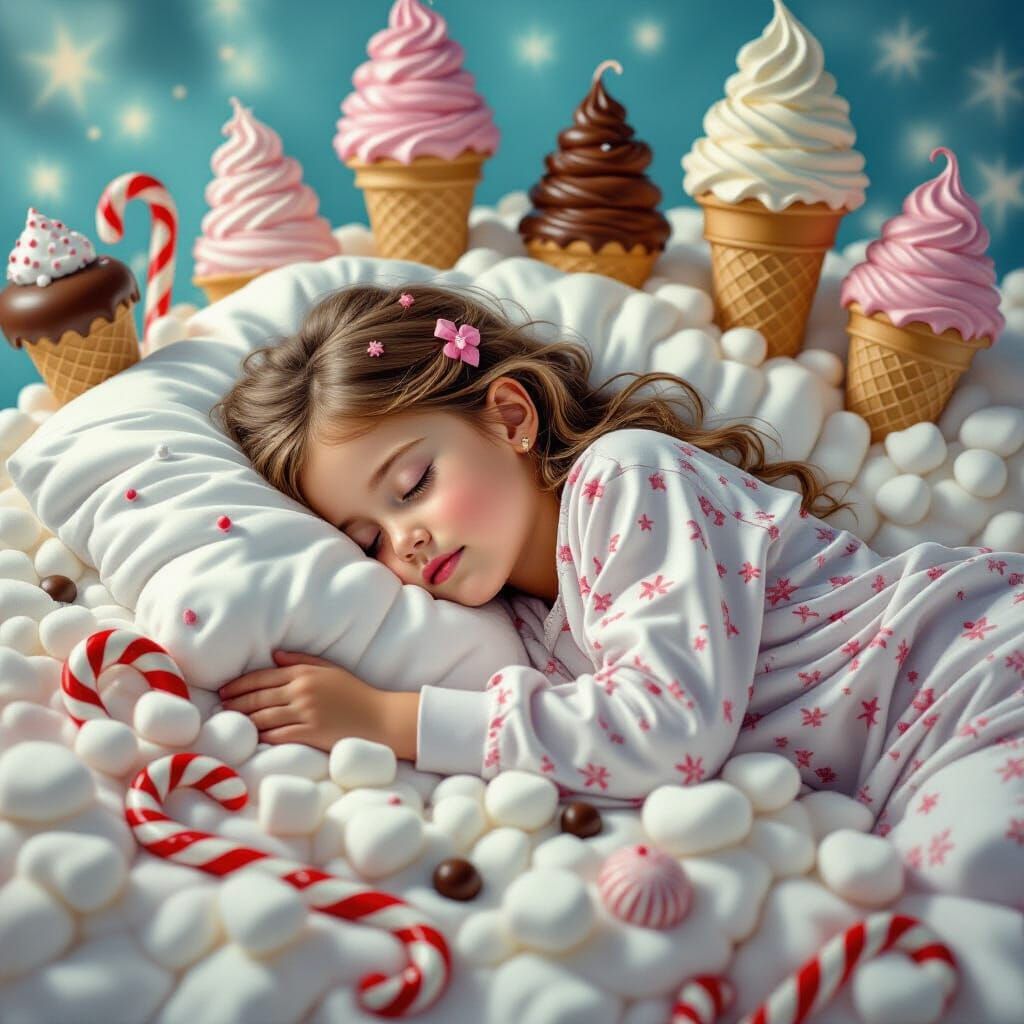 Girl Sleeping on Marshmallow Bed in Hyperrealistic Style