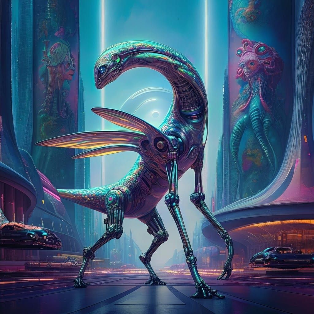 Futuristic Iridescent Creature in Cyberpunk Cityscape