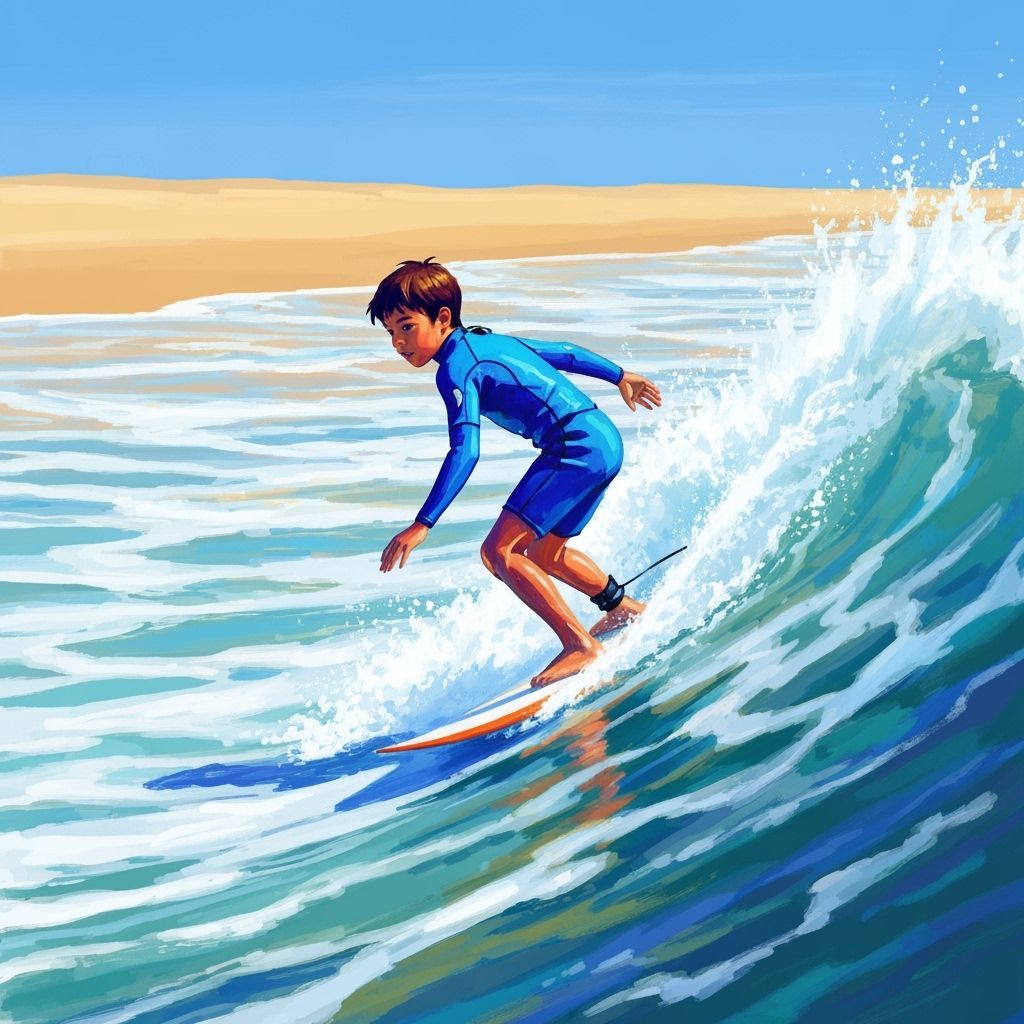 Boy Surfing a Wave in Vibrant Colors