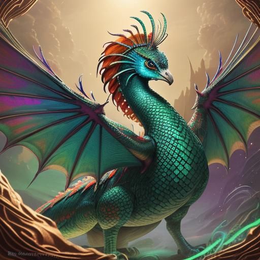 Dragon Woman with Peacock Feathers in Magical Realism