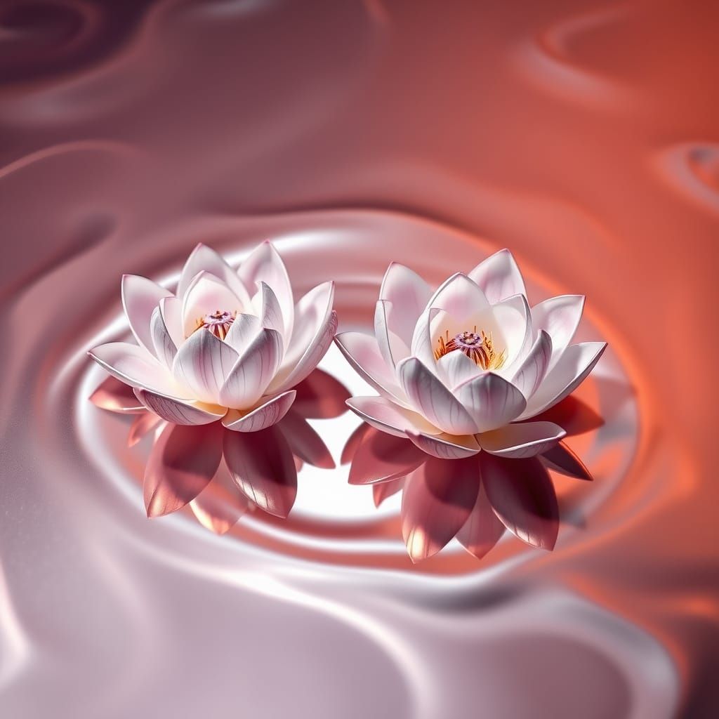 Surreal Rose-Gold Lotus Blooms in Serene, Dreamlike Scene