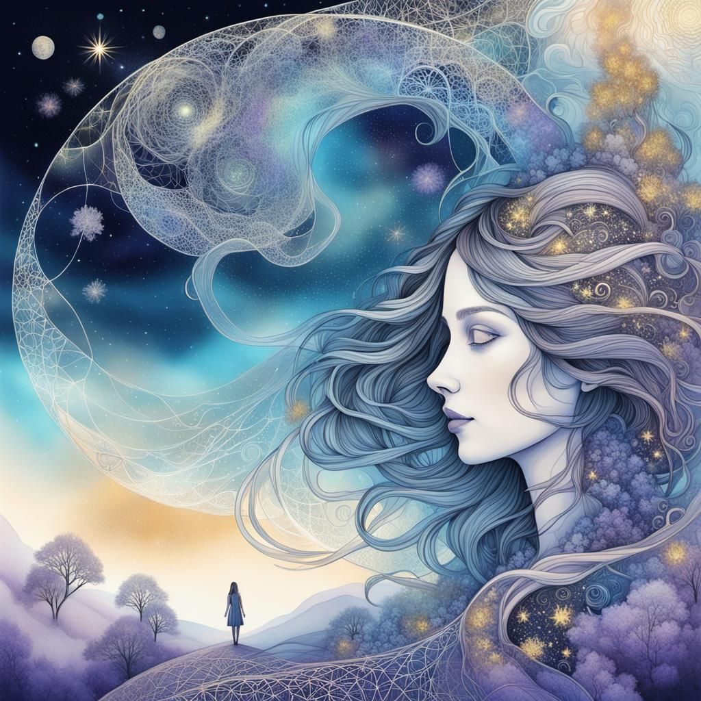 Ethereal Double Exposure Ink Drawing of Mother and Child