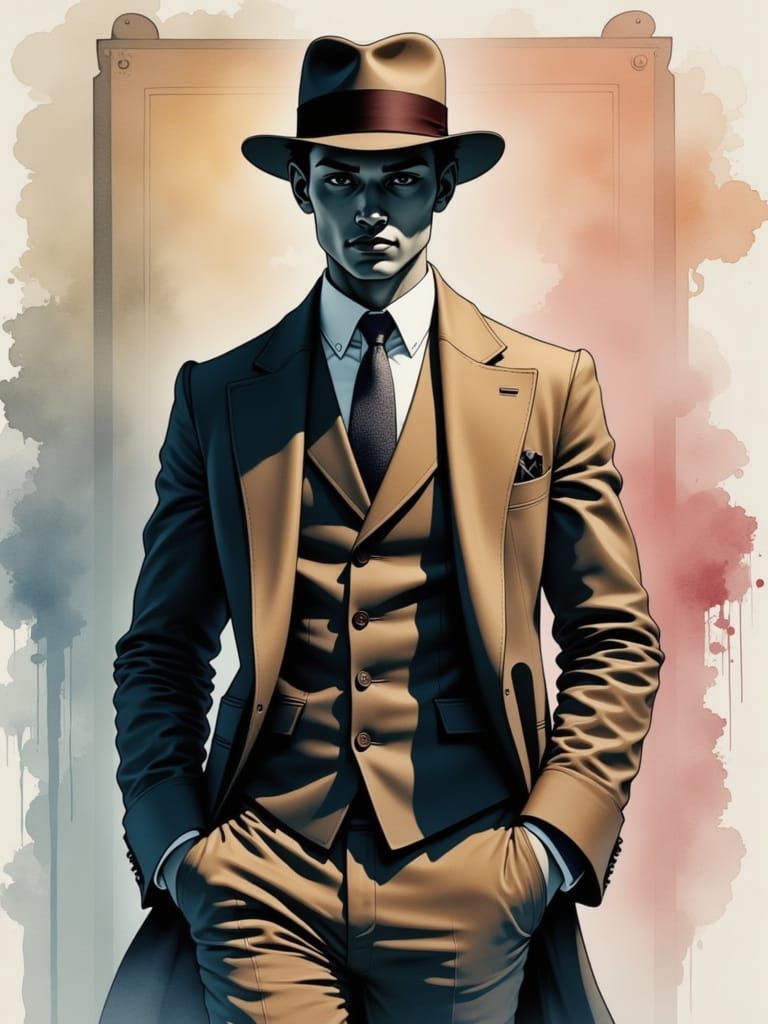 Refined Gentleman in Watercolor Style With Bowler Hat