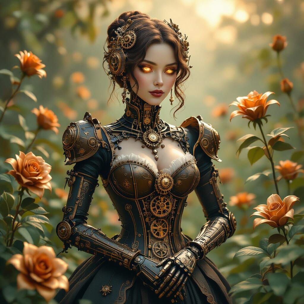 Steampunk Automaton in a Brass Rose Garden