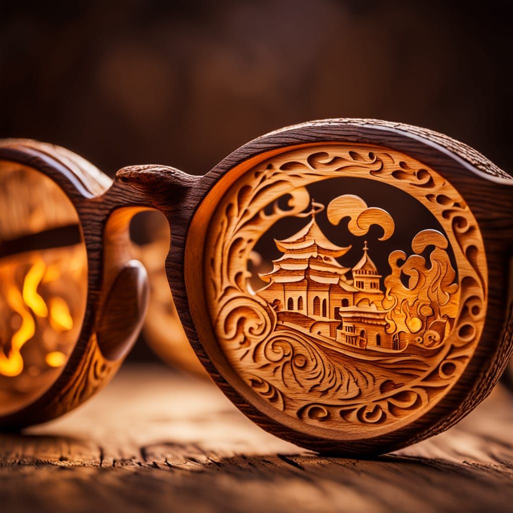 Engraved Wooden Glasses in Warm Golden Light