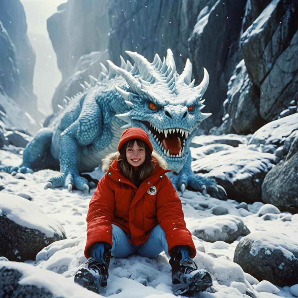Girl and Dragon in Snowy Mountains