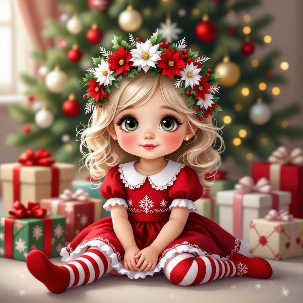 Cute Girl in Festive Dress with Christmas Presents