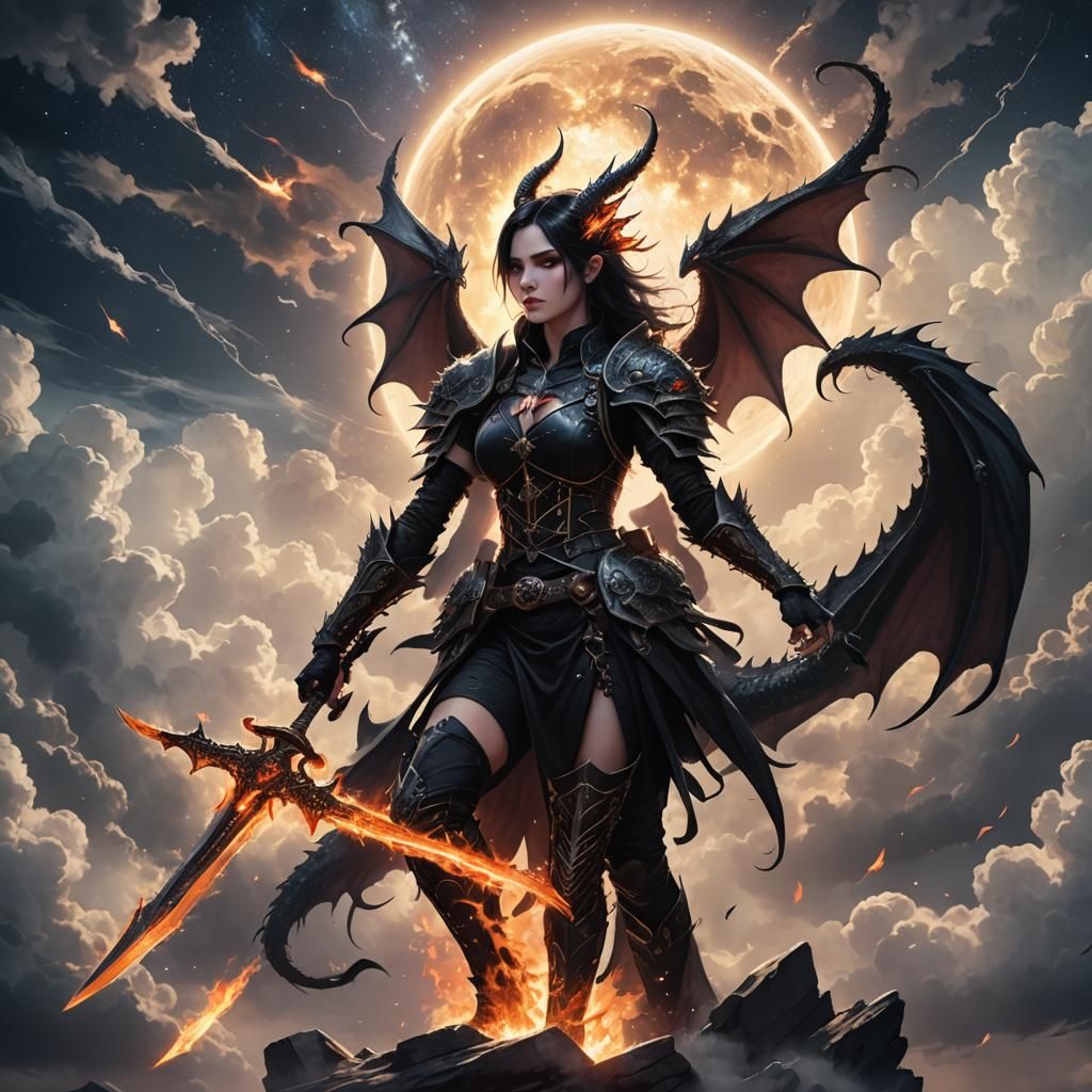 Gothic Dragon and Girl with Flaming Sword