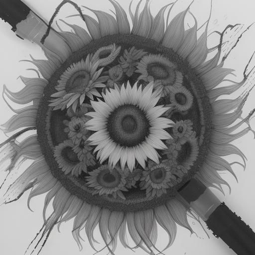 Withering Sunflowers with Mechanical Bees in Charcoal