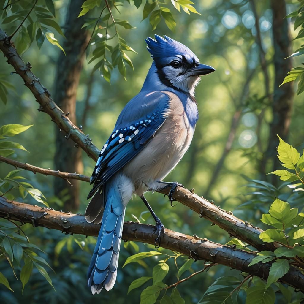 Blue Jay in Lush Forest: Hyper-Realistic Wildlife Art