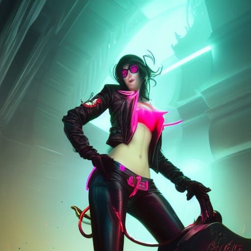 Neon Succubus Librarian Portrait in Art Nouveau Style