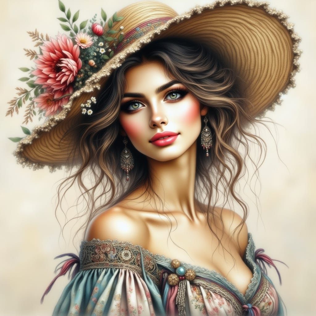 Elegant Lady in 1840s Pin-Up Watercolour Style