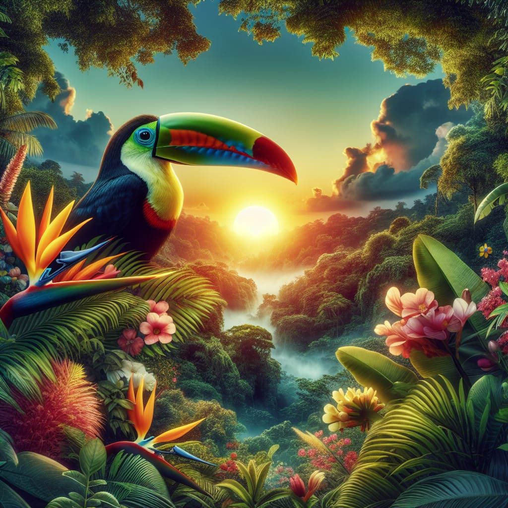 Vibrant Toucan in Tropical Rainforest at Sunset