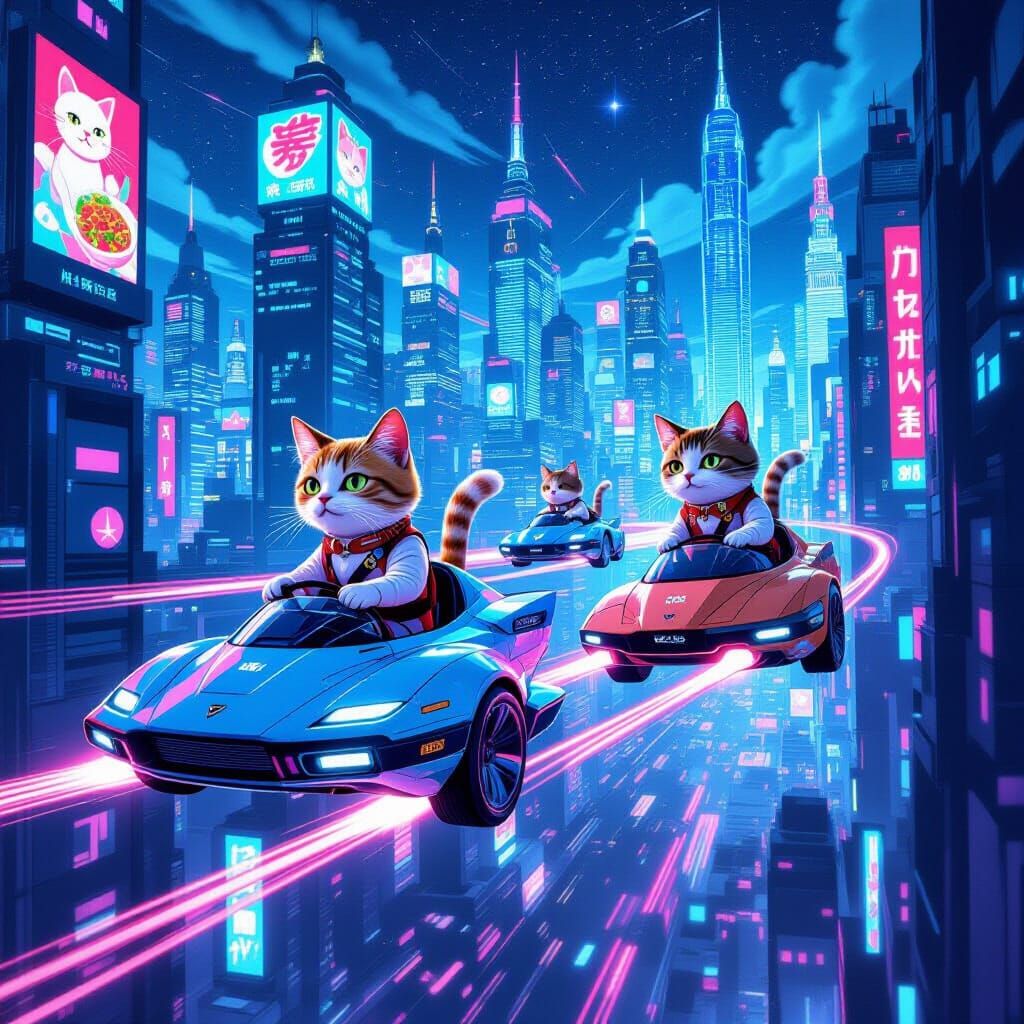 Cyberpunk Cats Pilot Flying Cars in Neon City