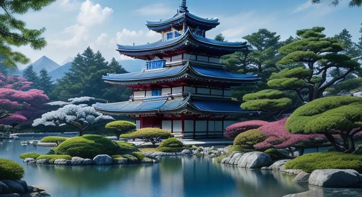 Futuristic Sci-Fi Palace with Japanese Cherry Gardens