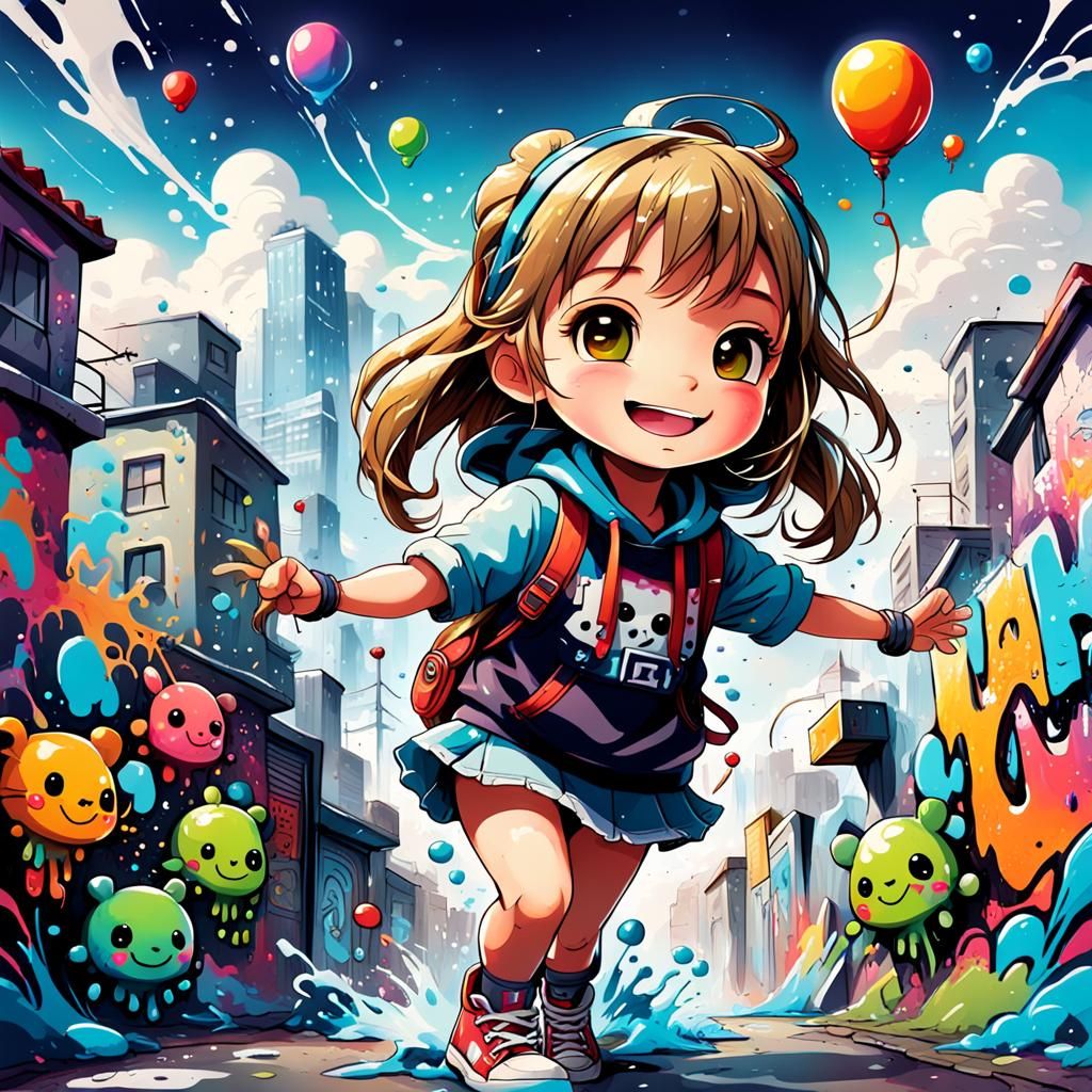 Colorful Chibi Character in Graffiti Art Style