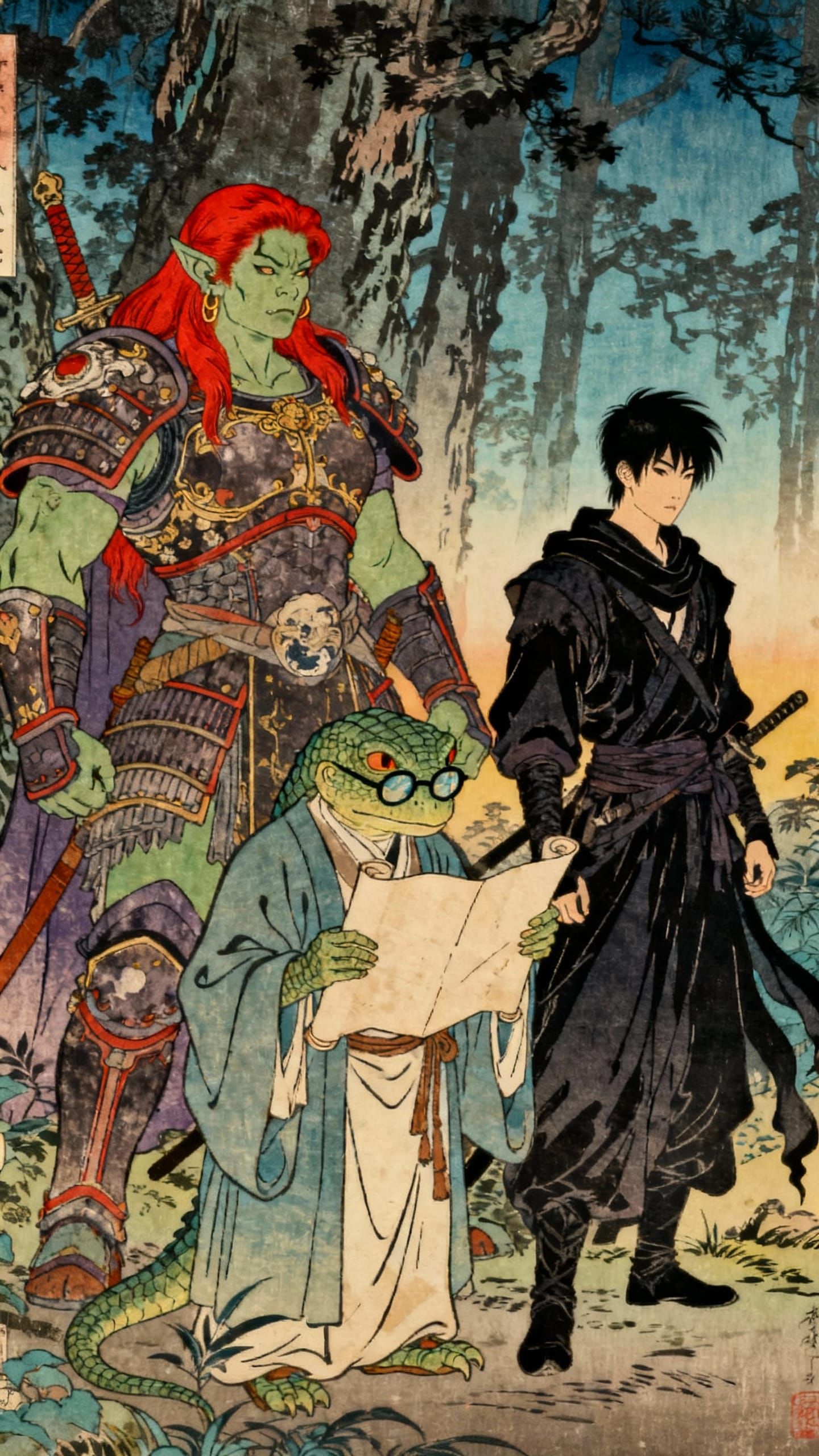 Ukiyo-e Fantasy Adventurers in Vibrant Forest