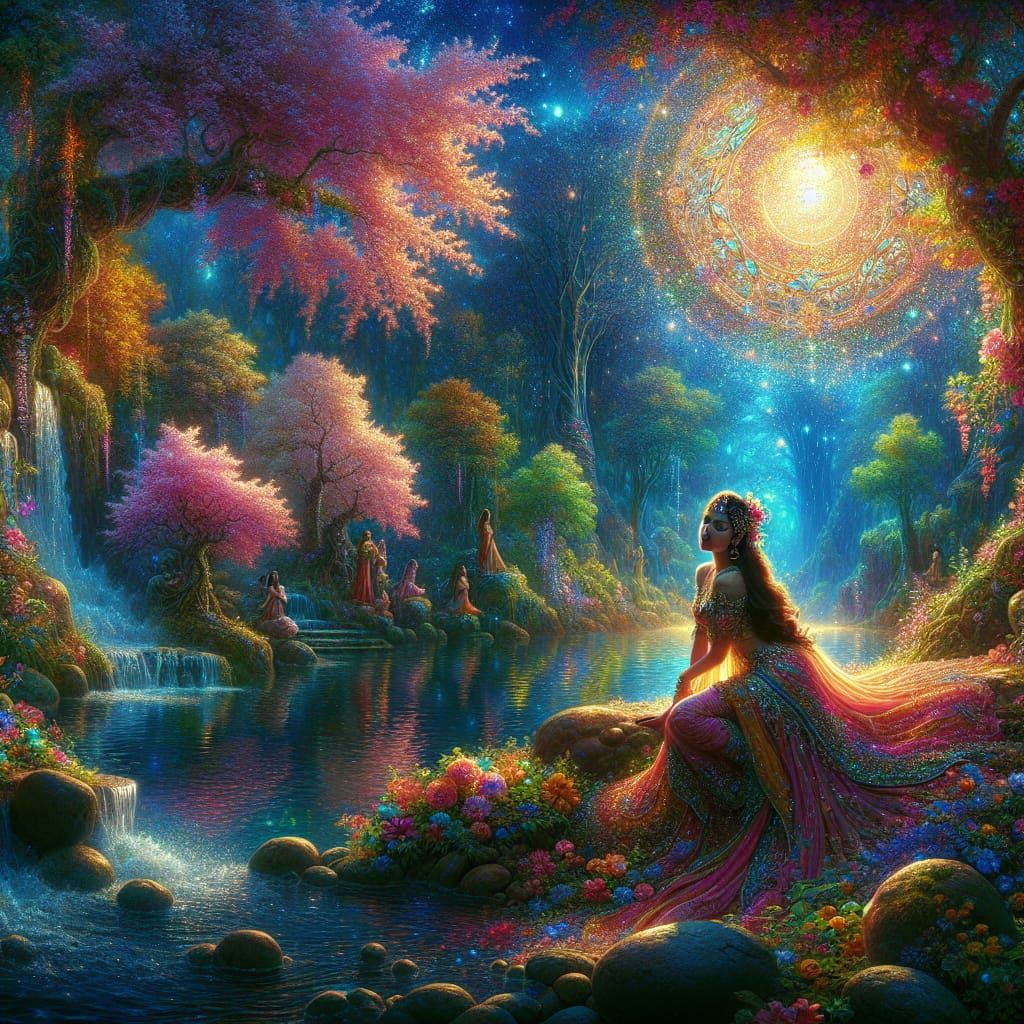 Magical World: Nymph by Pond with Glittering Sun