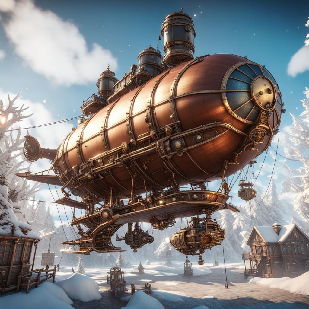 Steampunk Airship Soaring Through Winter Wonderland