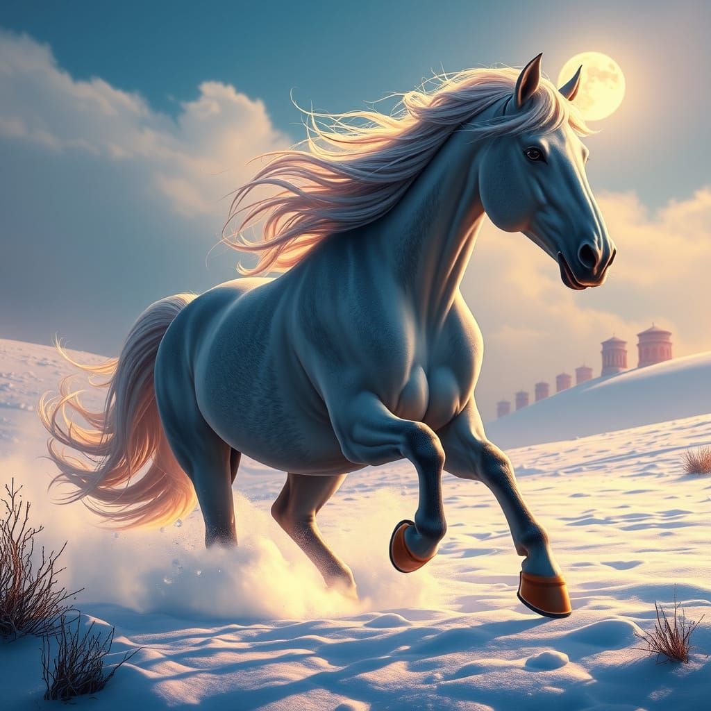 Friesian Horse Galloping: Art Nouveau Digital Painting