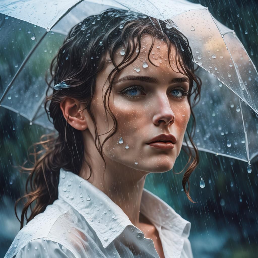 Brunette in Rain: Surreal, Ethereal Portrait