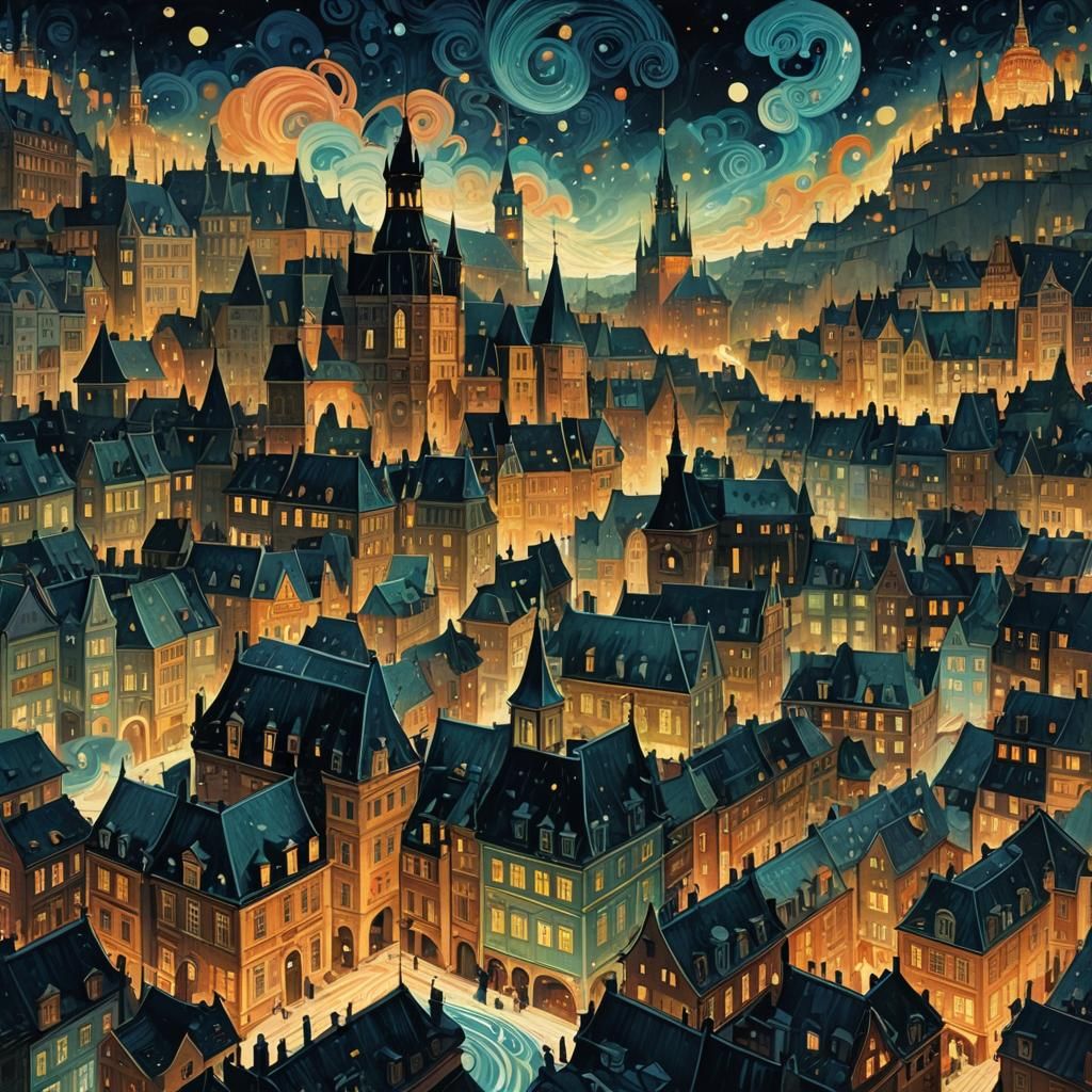 Dark Maximalist Fairytale Cityscape in Ink Painting Style