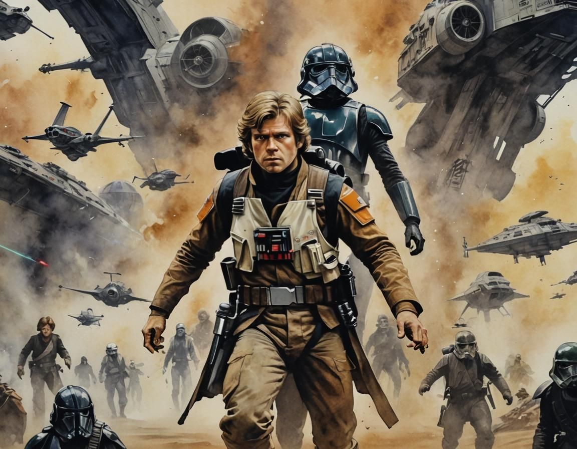 Rebel Pilot Action Painting in Sci-Fi Watercolor