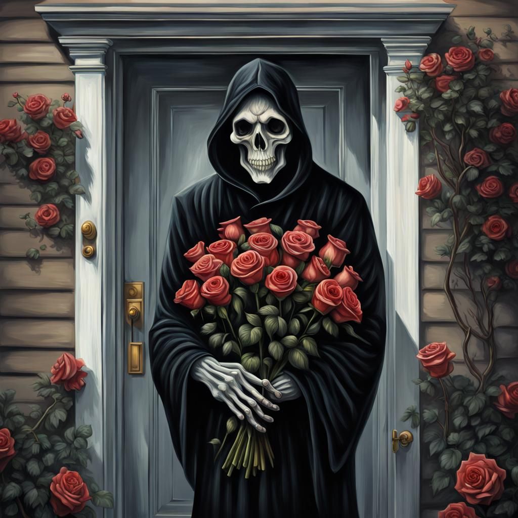 Friendly Grim Reaper with Roses in Doorway