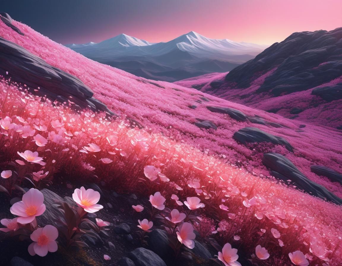 Ethereal Mountainside: Abstract Floral Photorealism