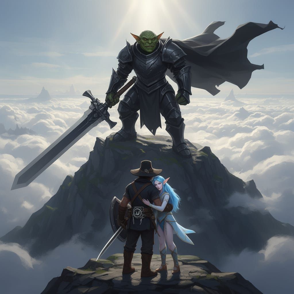 Epic Fantasy Scene: Goblin Warrior Battles Adventurer and El...