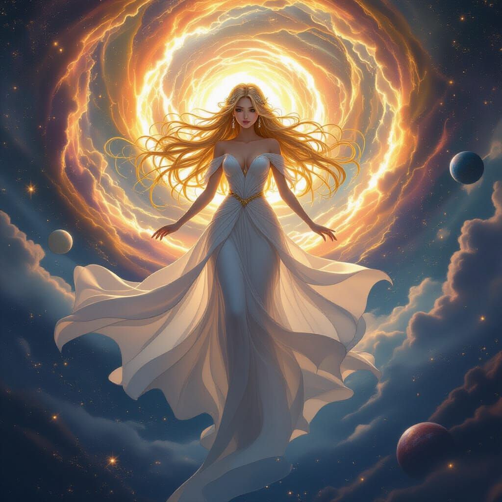 Anime Goddess Descending from Heaven in Ethereal Light