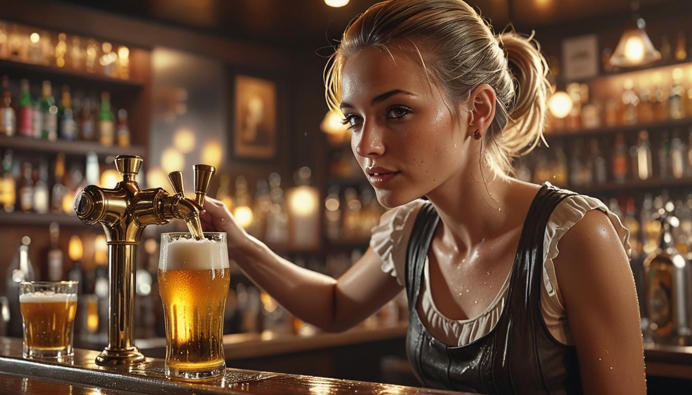 Golden Beer Pour: Photorealistic Bar Scene