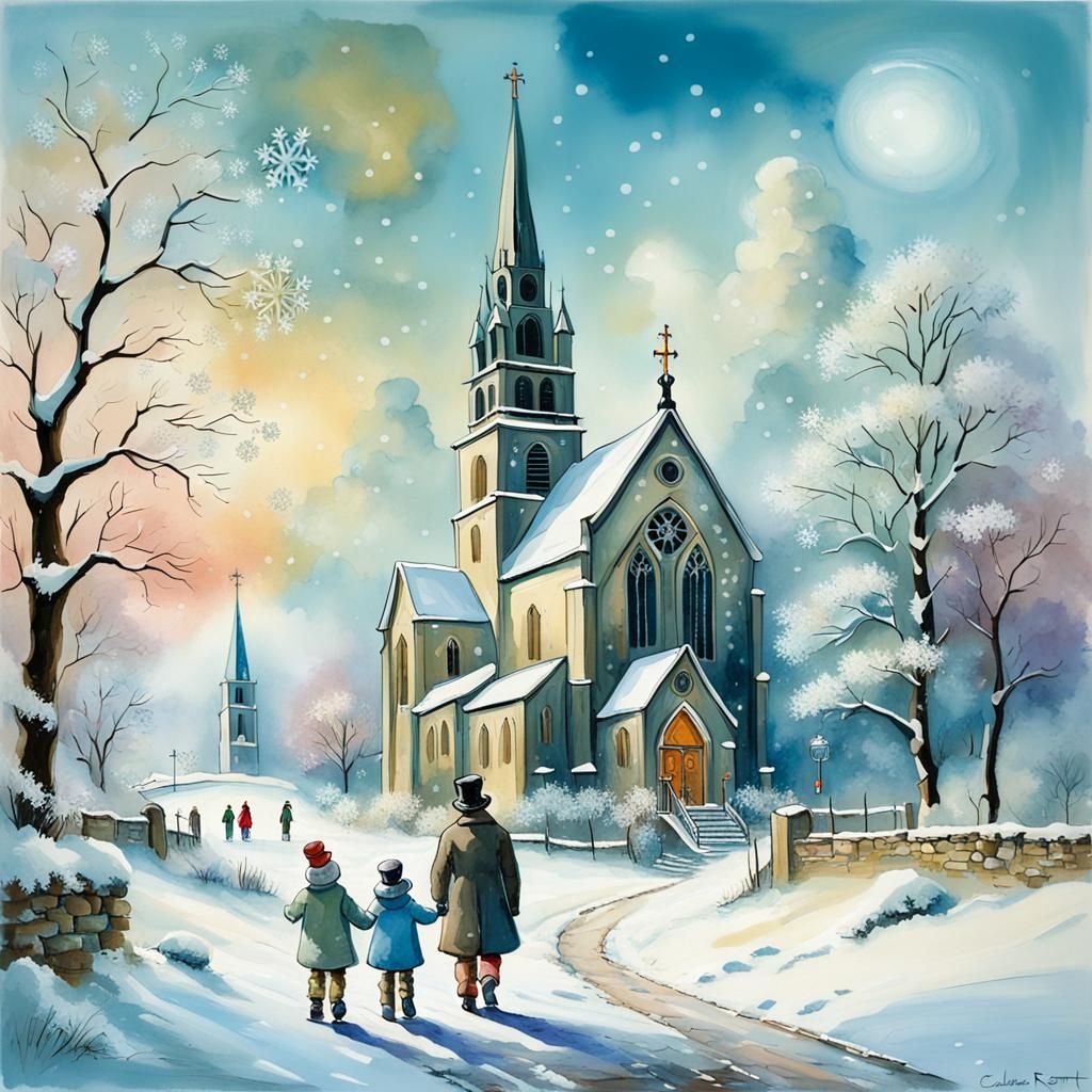 Winter Church Scene in Alcohol Ink Style