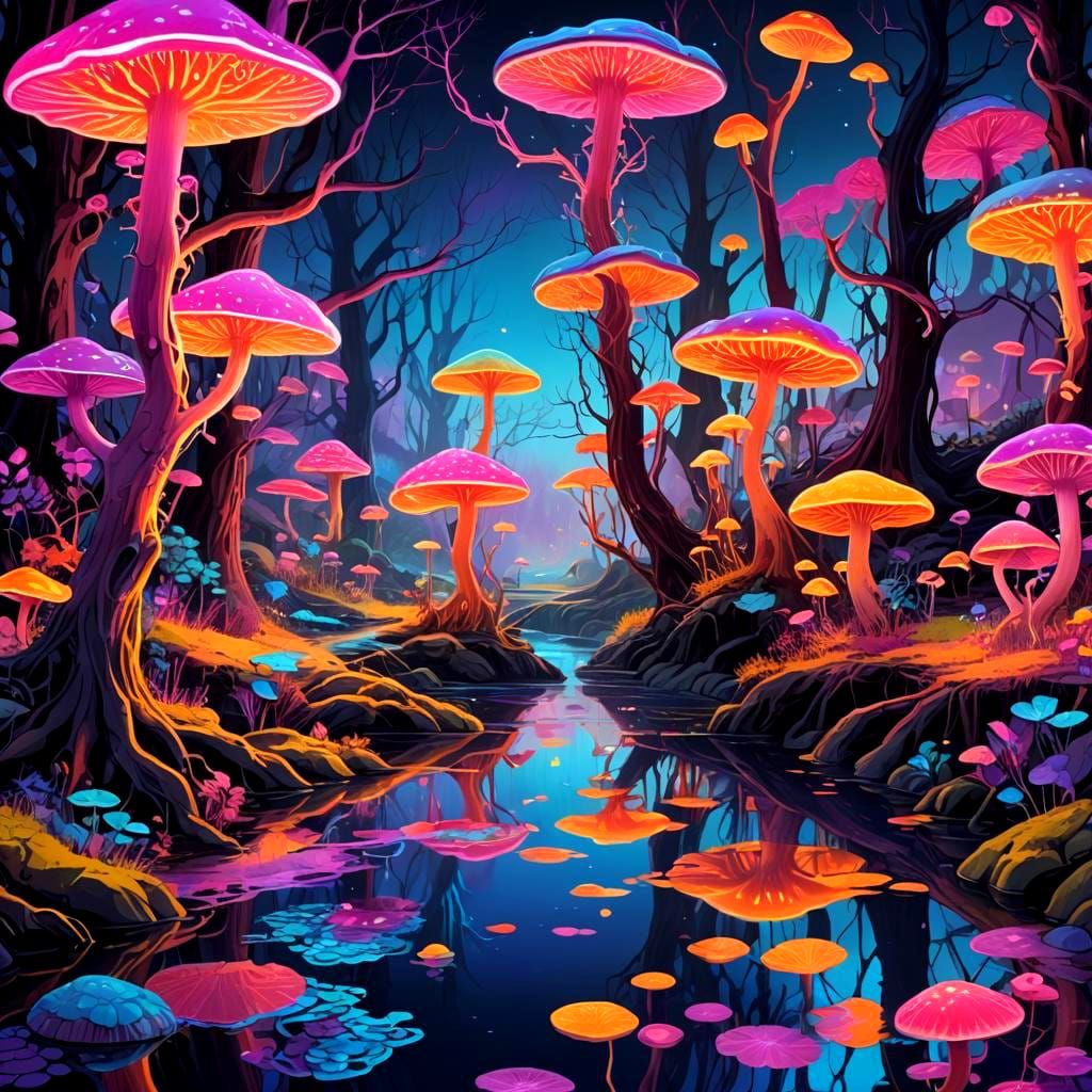 Neon Bioluminescent Landscape in Digital Art Style