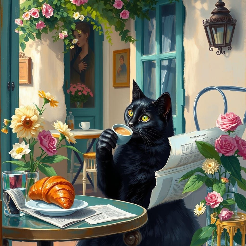 Black Cat's Cafe: Impressionistic Mediterranean Scene