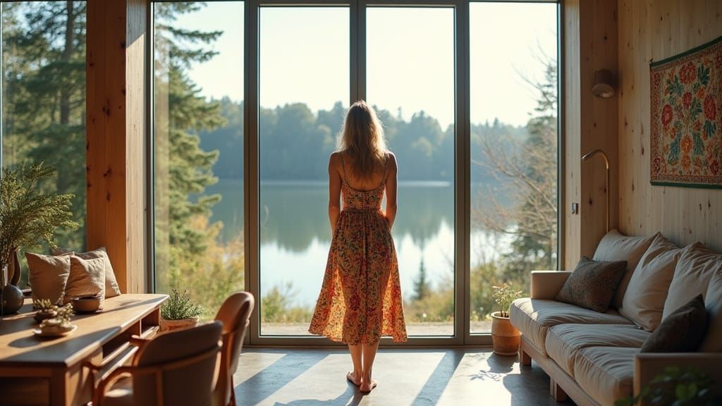 Woman in Sunny Atrium with Lake View