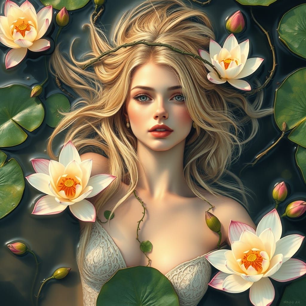 Elegant Blonde Goddess Surrounded by Lotus Blooms in Vibrant...
