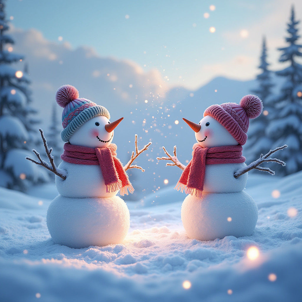 Snowmen Snowball Fight in Hyperrealistic Winter Landscape