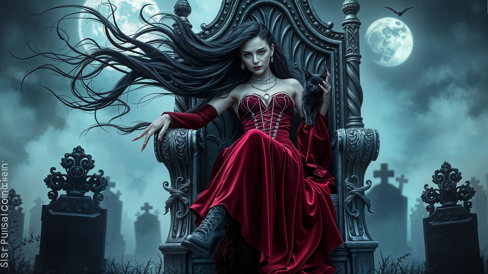 Gothic Vampire Queen in a Spectral Graveyard