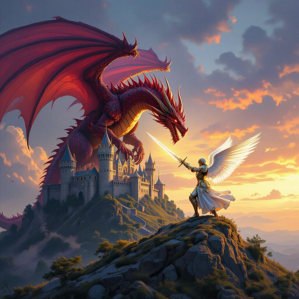 Red Dragon Battles Angel Above Castle on Hill