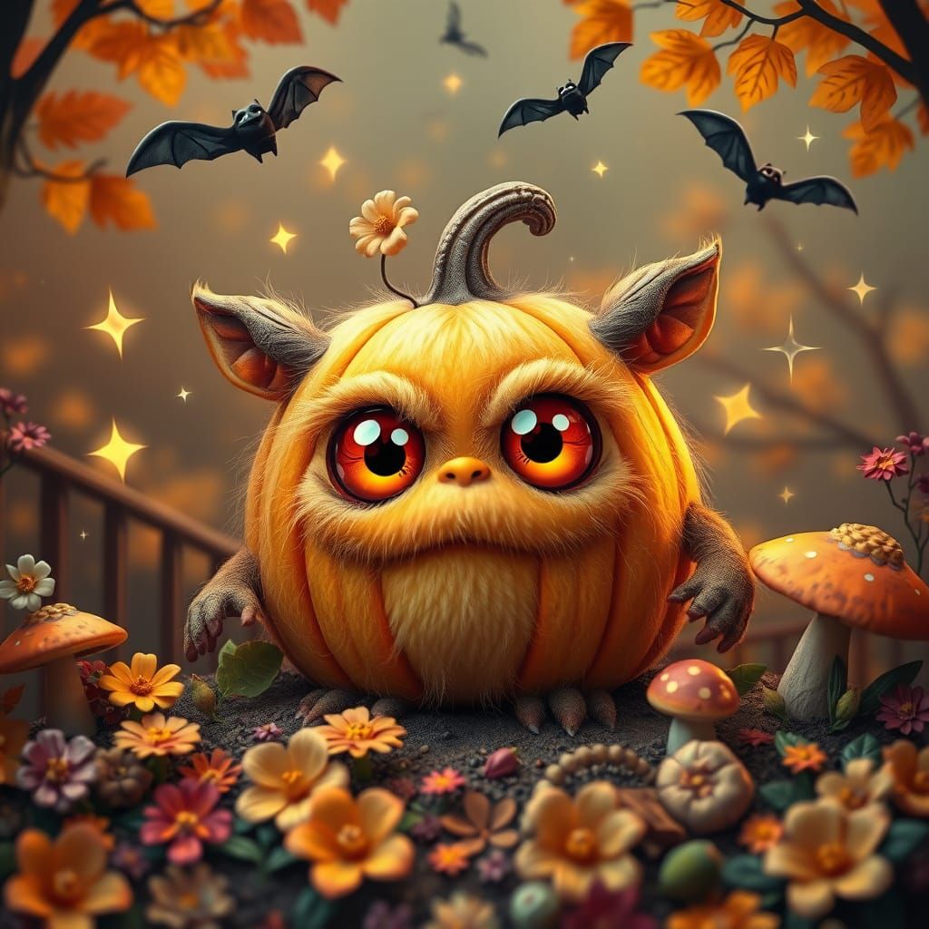 Whimsical Autumn Fantasy with Fuzzy Pumpkin Monster