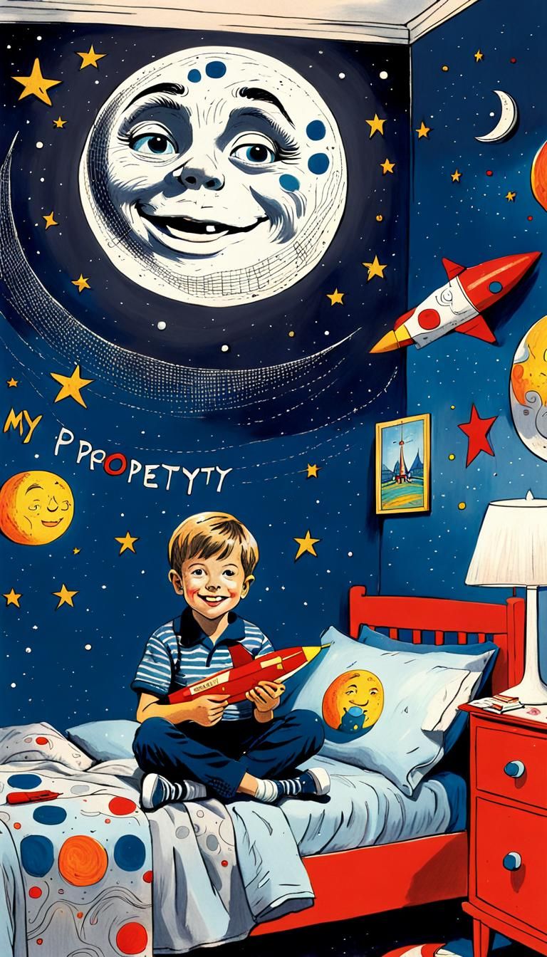 Boy Claims Moon Property in 1960s Bedroom Scene