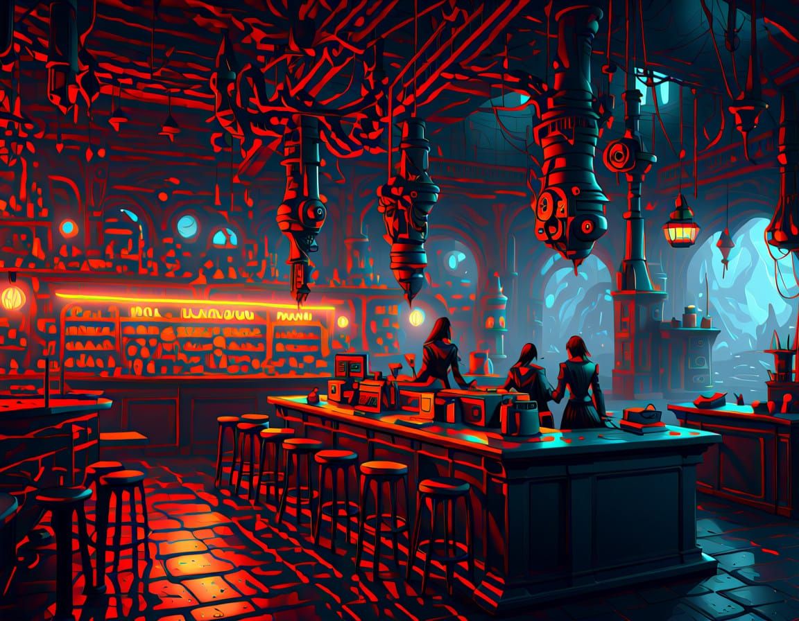 Cyberpunk Goth Coffee Shop Scene in Industrial Aesthetic