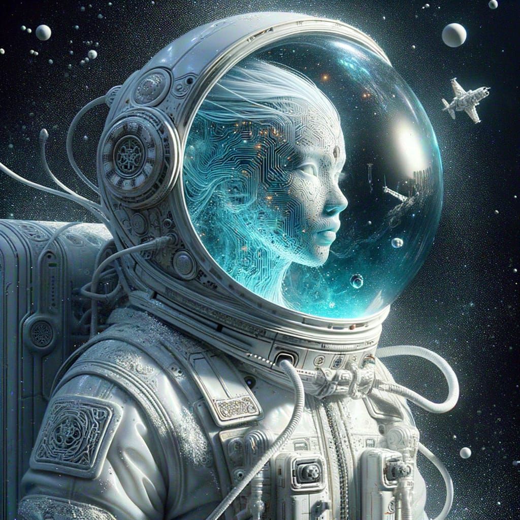 Oriental Android Astronaut in Azure Liquid, Digital Illustra...