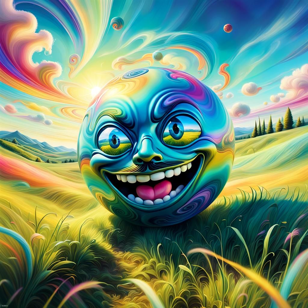 Joyful Bouncing Ball in Surreal Meadow, Digital Art