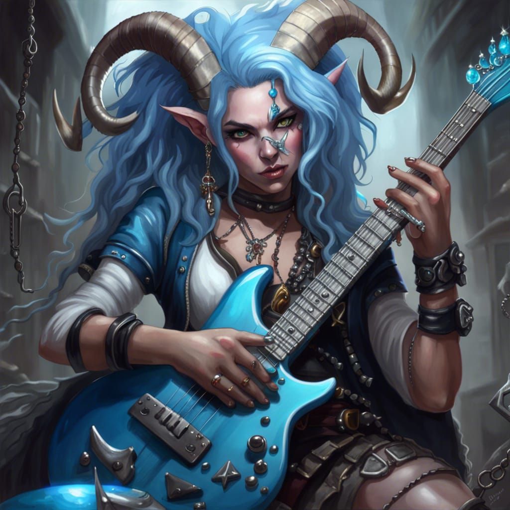 Tiefling Bard with Electric Guitar, Hyperrealistic Art