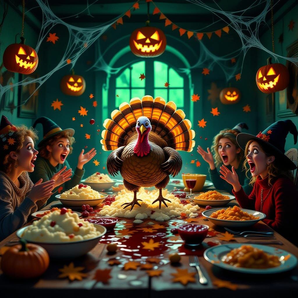 Spooky Thanksgiving Feast: Food Fights Back in Whimsical Hor...